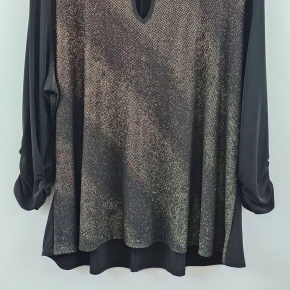 Notations Woman Top 3X Black Gold Sparkle 3/4 Sleeve Keyhole Neck Rhinestone - Picture 5 of 12